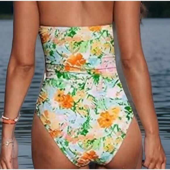 Cupshe Women’s One Piece Strapless Swimsuit Medium Floral Print Side Tie Halter - Picture 2 of 7